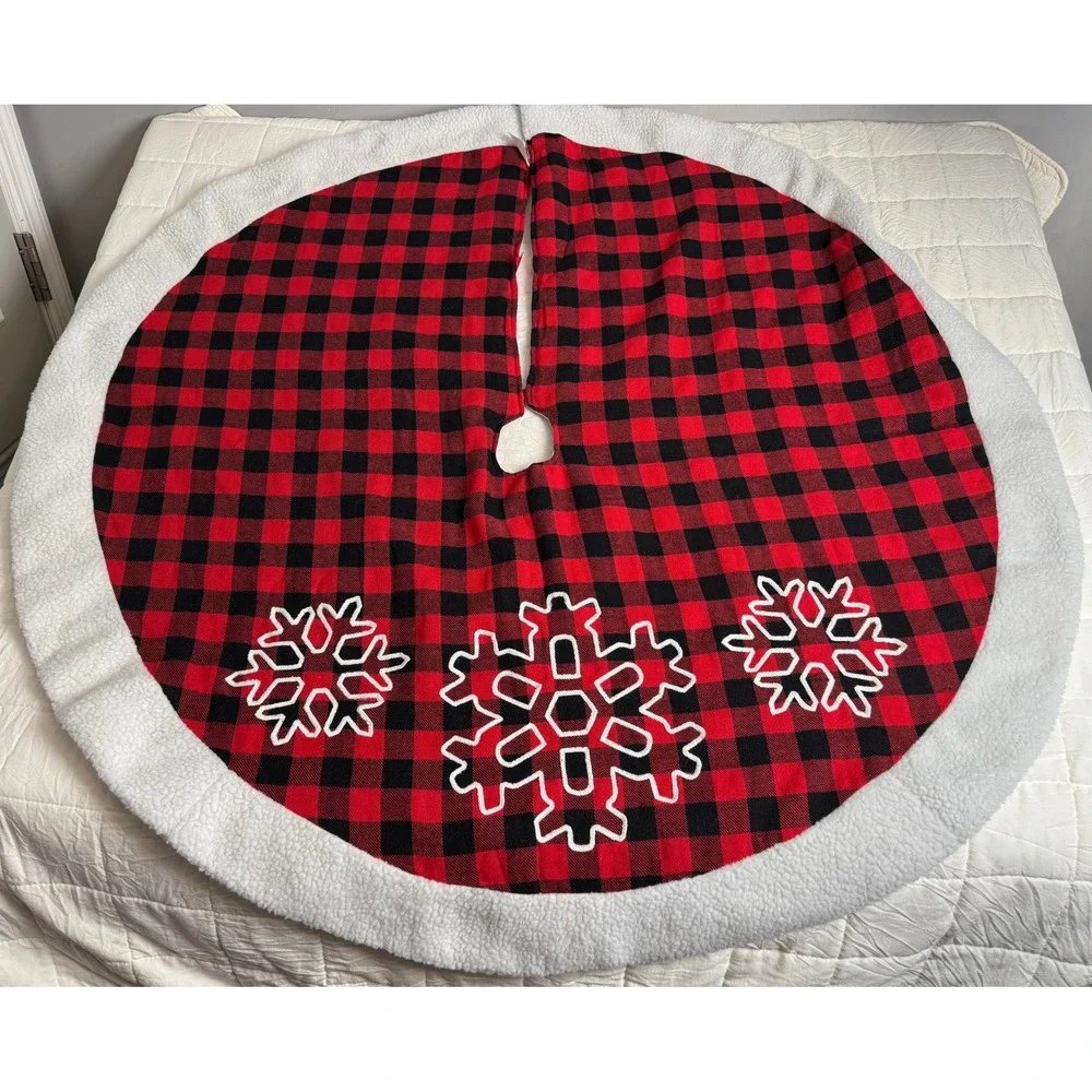 Red Black Buffalo‎ Plaid Tree Skirt Snowflake Trim Christmas Holiday Decor